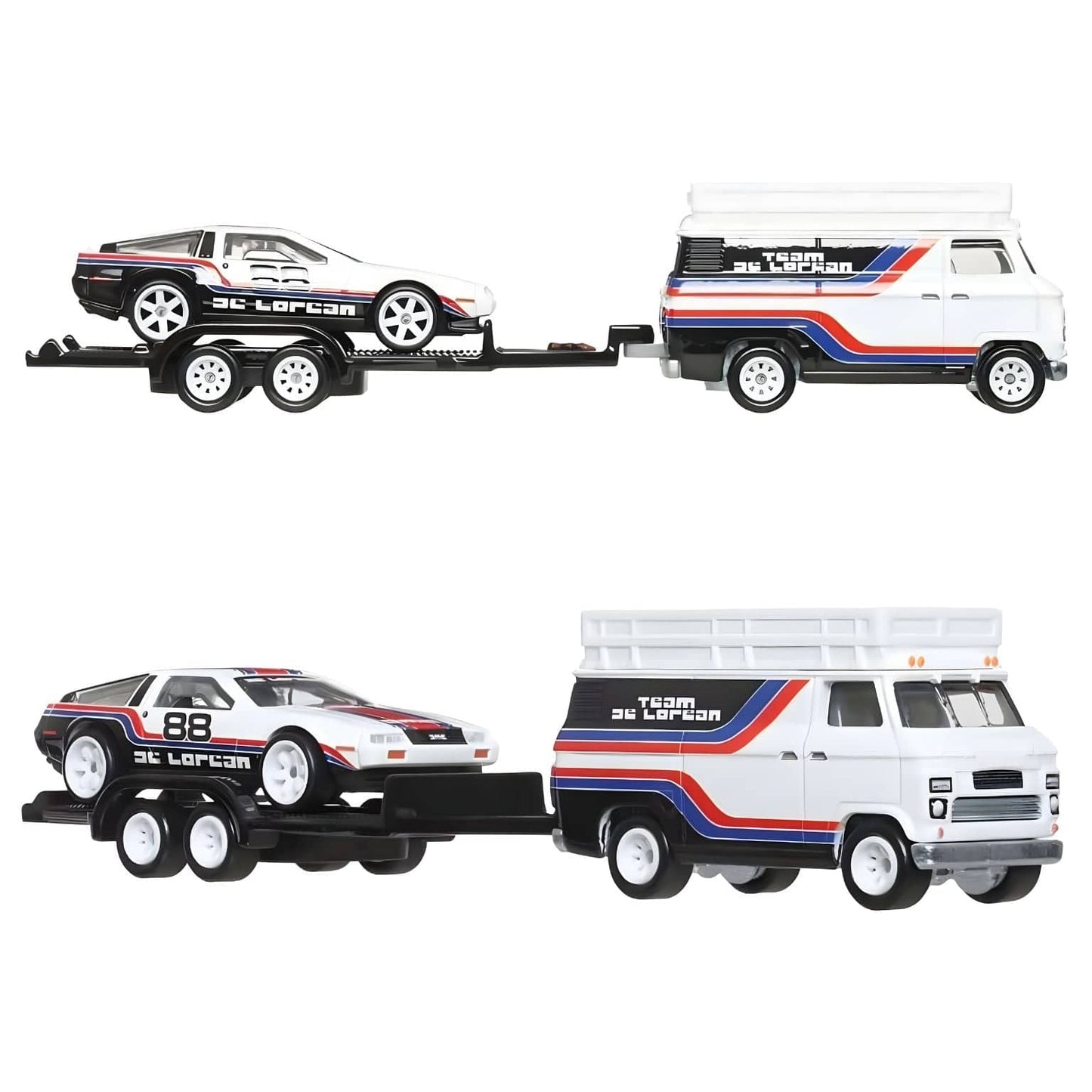 Hot Wheels Team Transport DMC Delorean e Hw Rally Hauler com camião branco de faixas vermelhas e azuis, trailer e DeLorean de corrida número 88