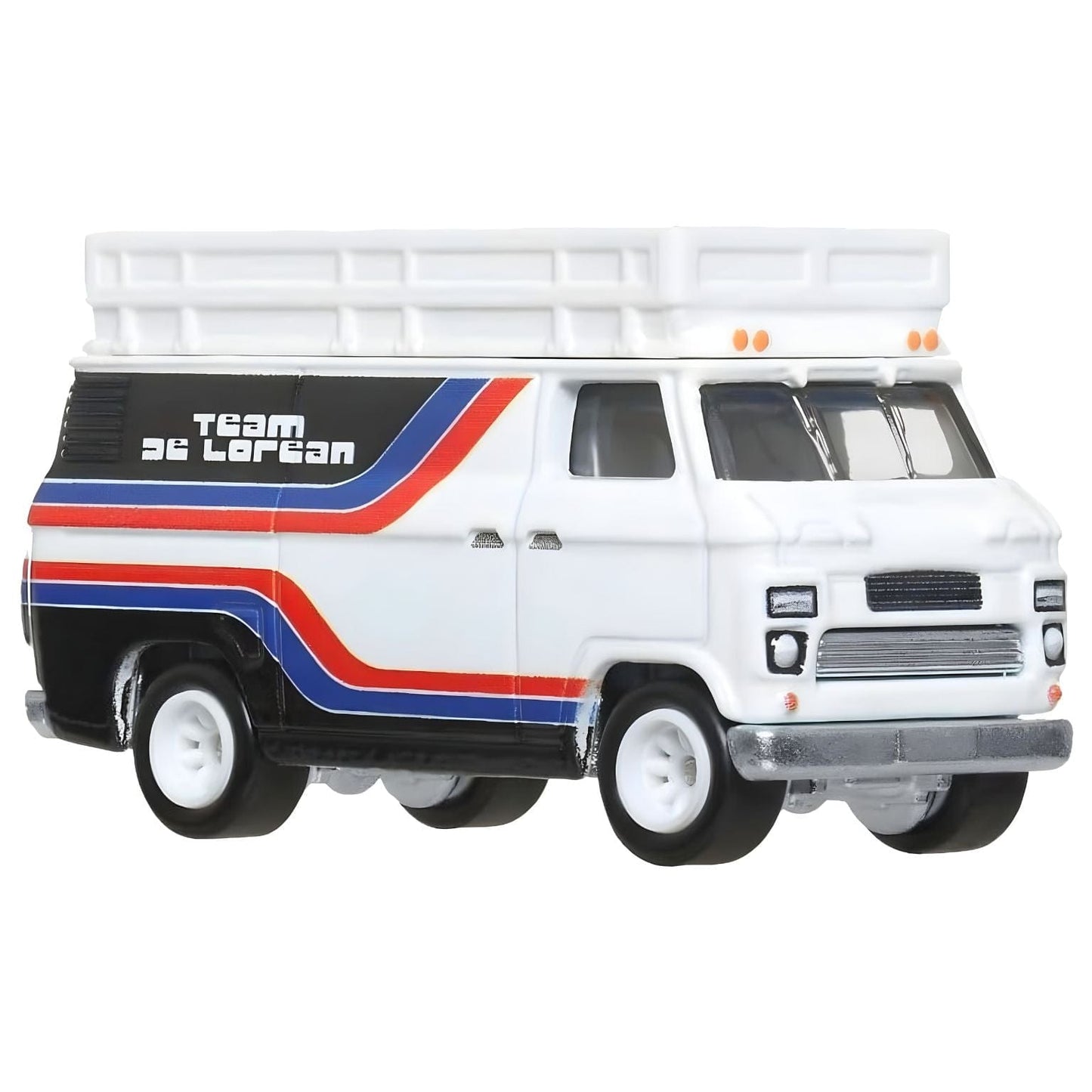 Hot Wheels Team Transport DMC Delorean e Hw Rally Hauler com camião branco de faixas vermelhas e azuis, trailer e DeLorean de corrida número 88