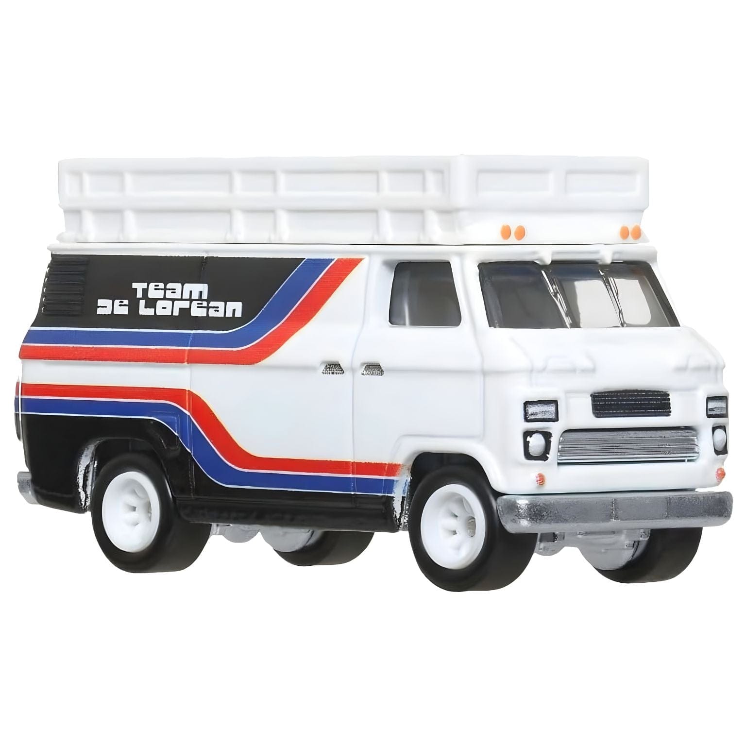 Hot Wheels Team Transport DMC Delorean e Hw Rally Hauler com camião branco de faixas vermelhas e azuis, trailer e DeLorean de corrida número 88