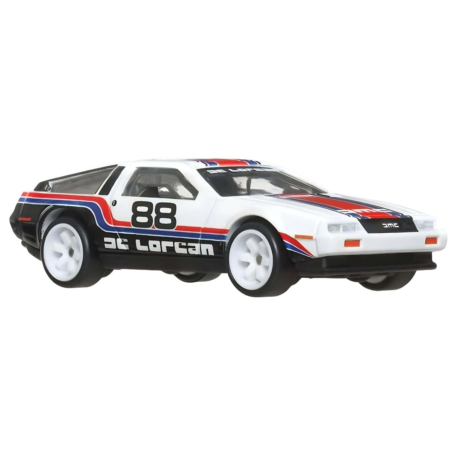 Hot Wheels Team Transport DMC Delorean e Hw Rally Hauler com camião branco de faixas vermelhas e azuis, trailer e DeLorean de corrida número 88