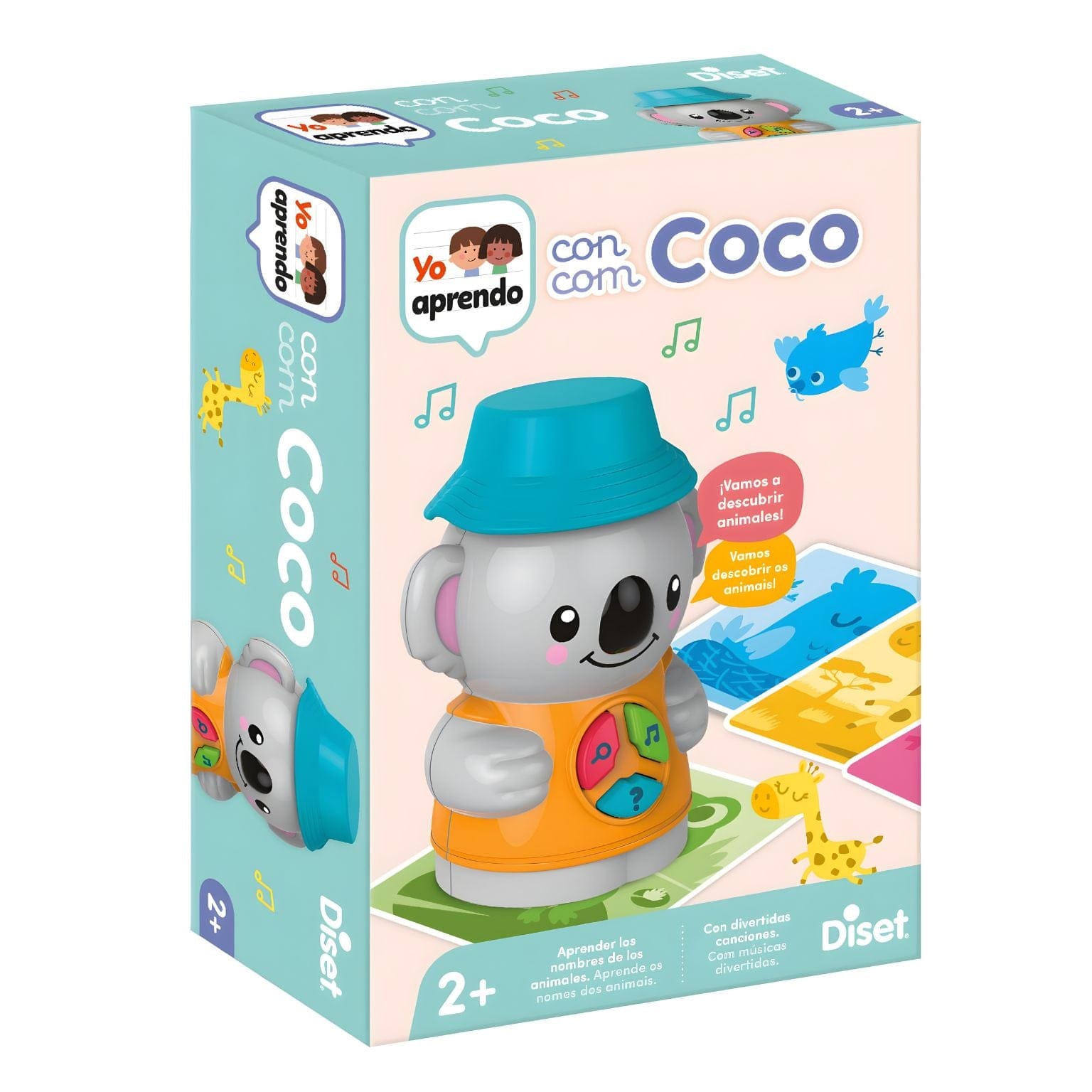 Criança a brincar com o Jogo Eu Aprendo: Aprendo com Coco da Diset com cartas ilustradas e boneco interativo