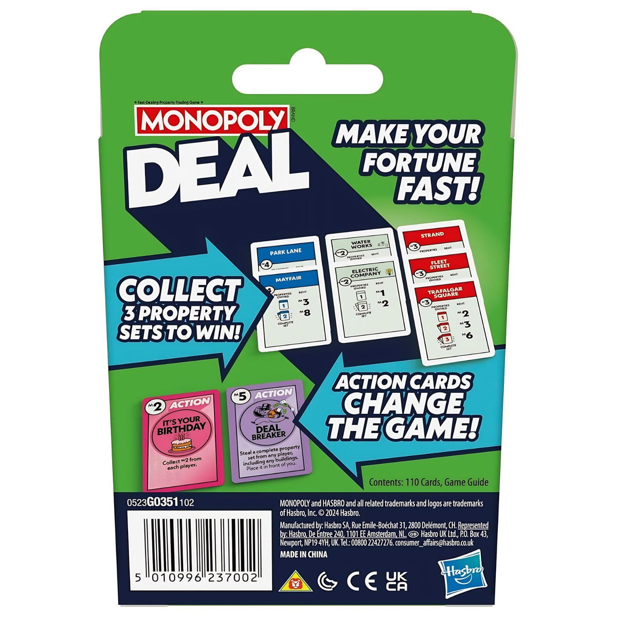 Monopoly Deal em inglês da Hasbro, embalagem e cartas do jogo em destaque