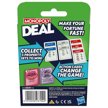 Monopoly Deal em inglês da Hasbro, embalagem e cartas do jogo em destaque