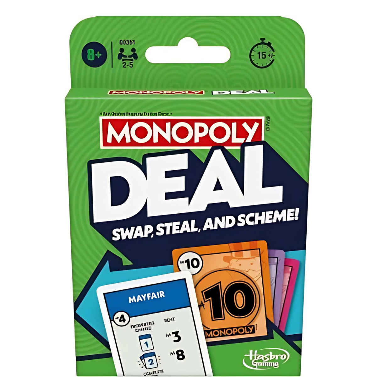 Embalagem verde do jogo de cartas Monopoly Deal em inglês da Hasbro com cartas ilustrativas