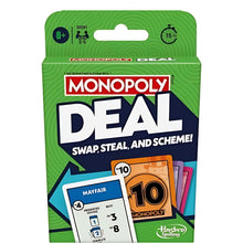 Embalagem verde do jogo de cartas Monopoly Deal em inglês da Hasbro com cartas ilustrativas