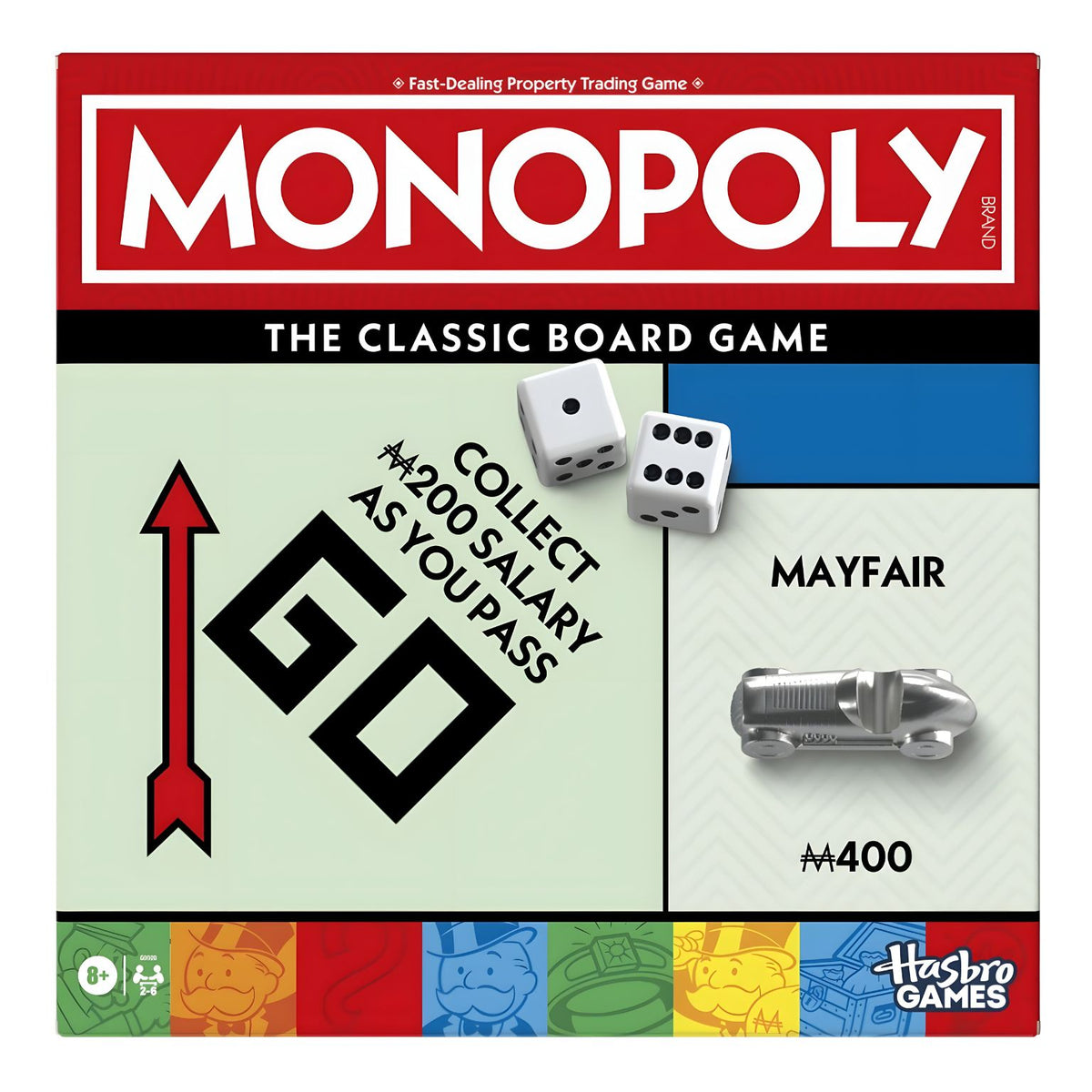 Frente da caixa do Monopoly Clássico em inglês da Hasbro, com indicação 8+ e 2–6 jogadores