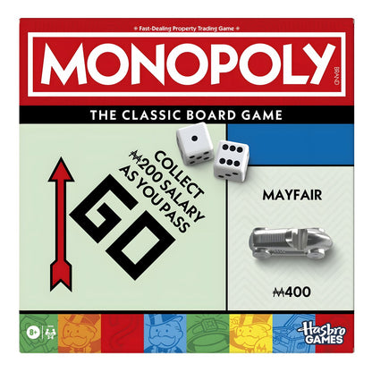 Frente da caixa do Monopoly Clássico em inglês da Hasbro, com indicação 8+ e 2–6 jogadores