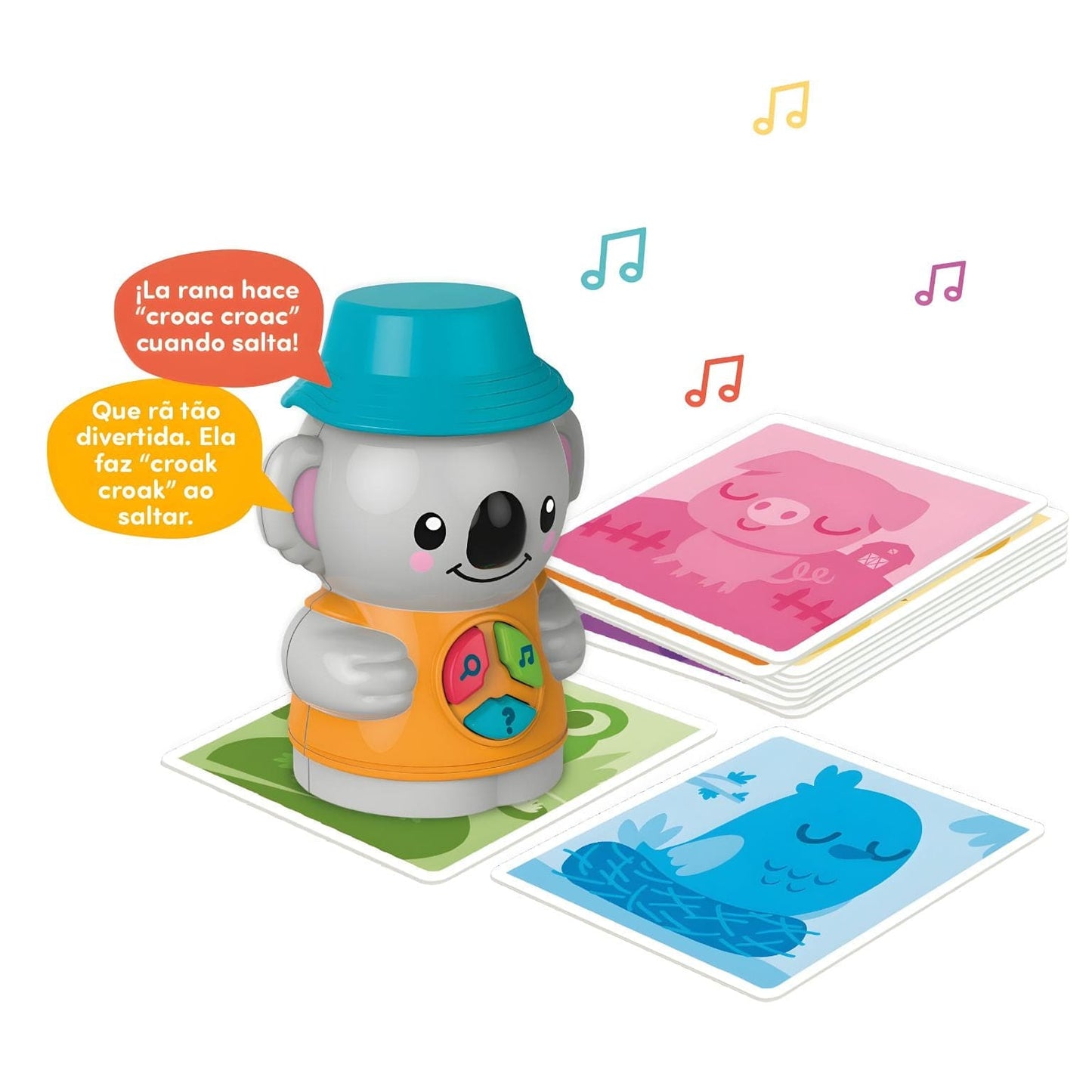 Criança a brincar com o Jogo Eu Aprendo: Aprendo com Coco da Diset com cartas ilustradas e boneco interativo