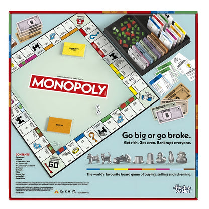 Verso da caixa Monopoly Clássico G0009 com componentes e lista do conteúdo em inglês