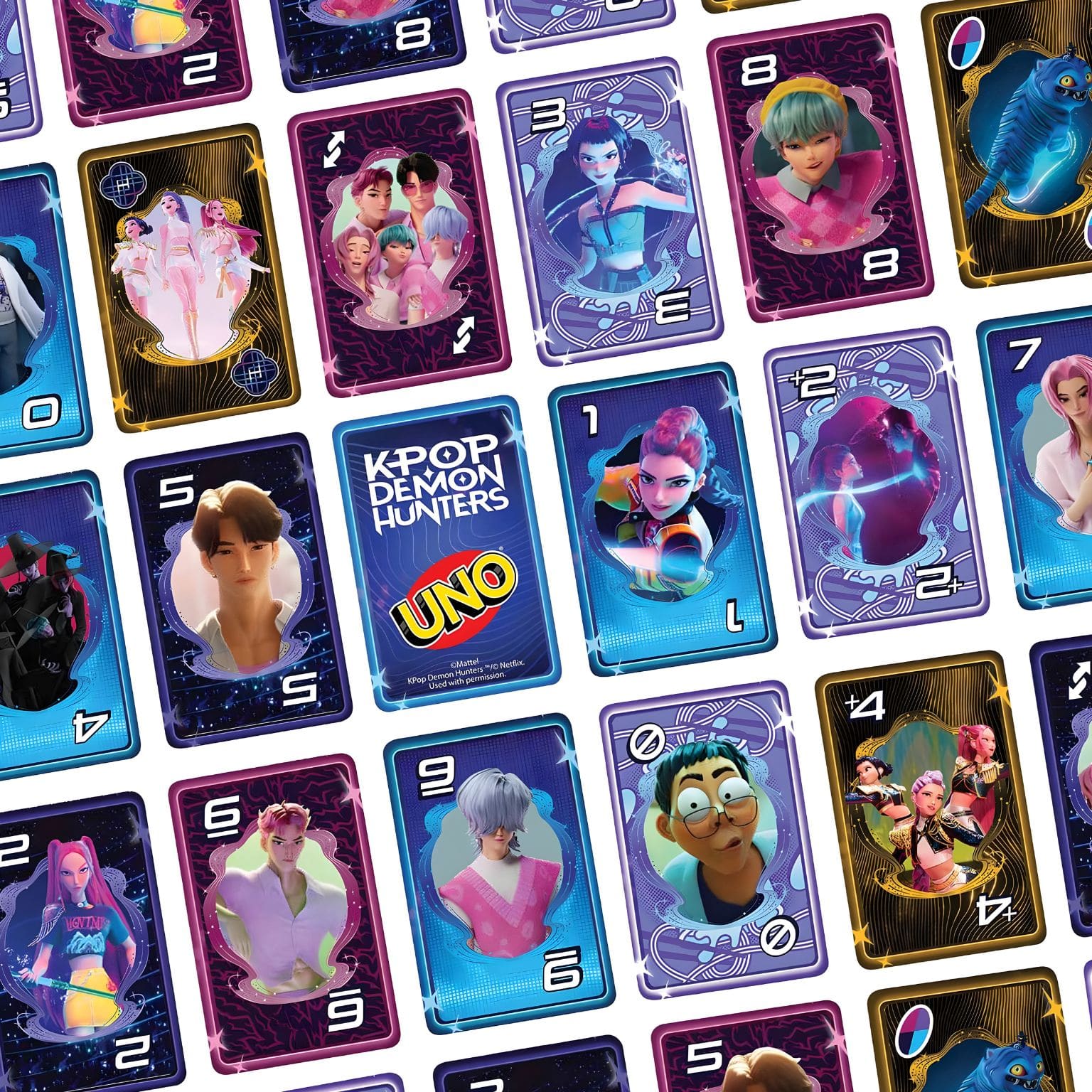 Cartas temáticas do Jogo Uno K-Pop Demon Hunters com visual inspirado no universo K-Pop