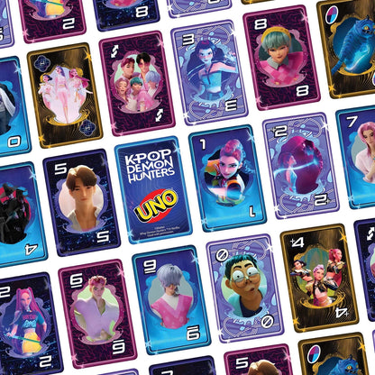 Cartas temáticas do Jogo Uno K-Pop Demon Hunters com visual inspirado no universo K-Pop
