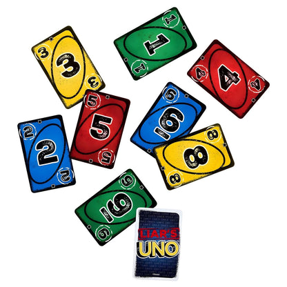 Cartas numeradas do UNO Liar's em amarelo, verde, vermelho e azul