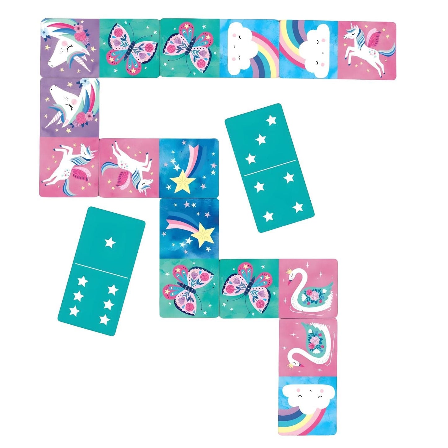 Jogo de Dominó Unicórnio da Mudpuppy com unicórnios, arco-íris, nuvens e borboletas