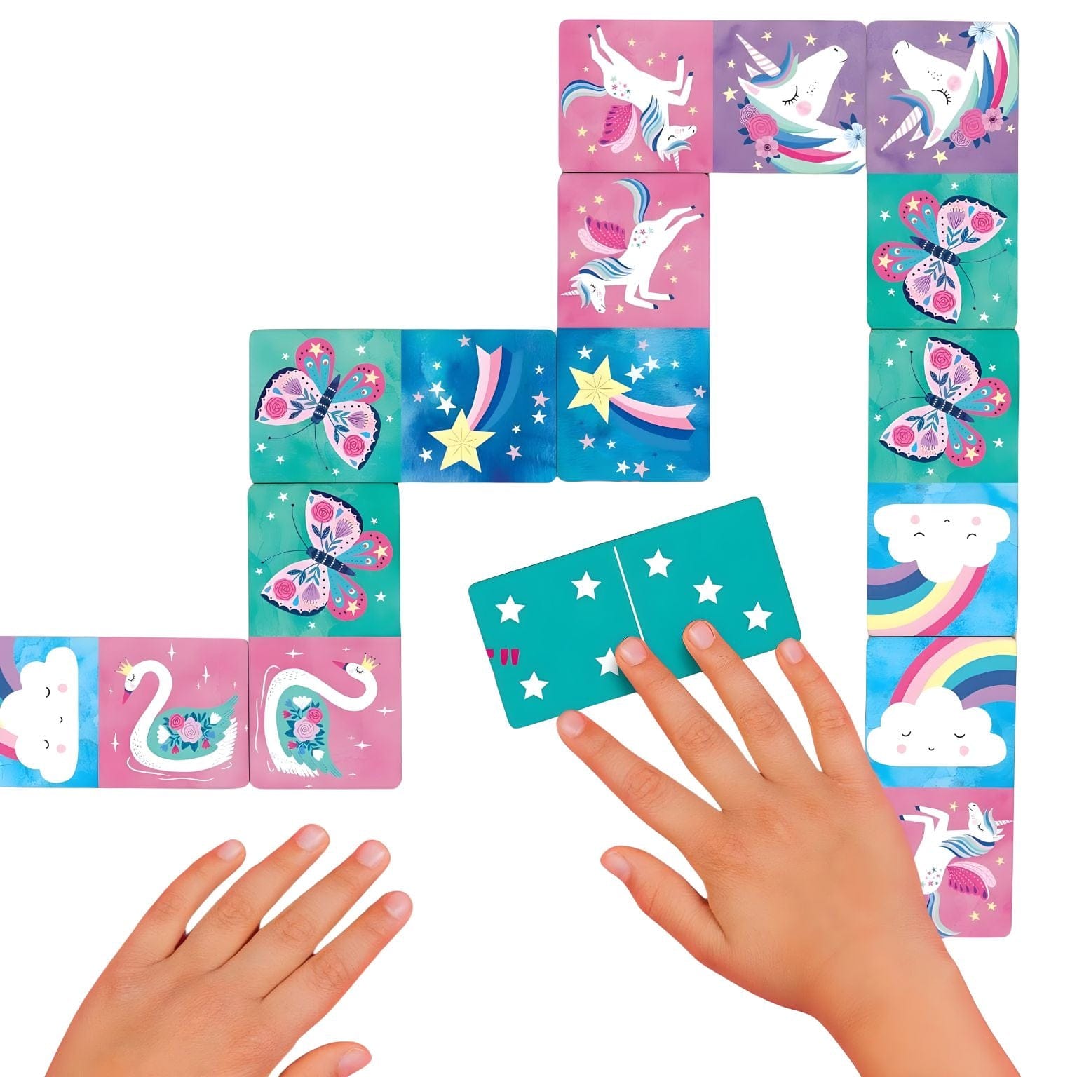 Jogo de Dominó Unicórnio da Mudpuppy com unicórnios, arco-íris, nuvens e borboletas