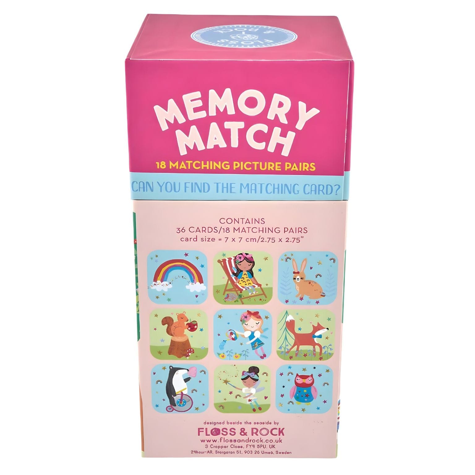 Jogo de Memória Fada Arco-íris Floss & Rock com caixa ilustrada e cartas coloridas de emparelhamento