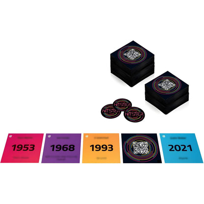 Jogo de Tabuleiro Hitster da Jumbo com cartas coloridas de anos e jogo musical para festas