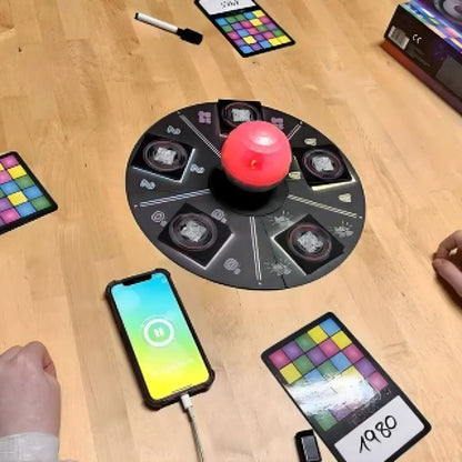 Jogo de Tabuleiro Hitster Music Bingo com roleta luminosa e cartas coloridas para bingo musical