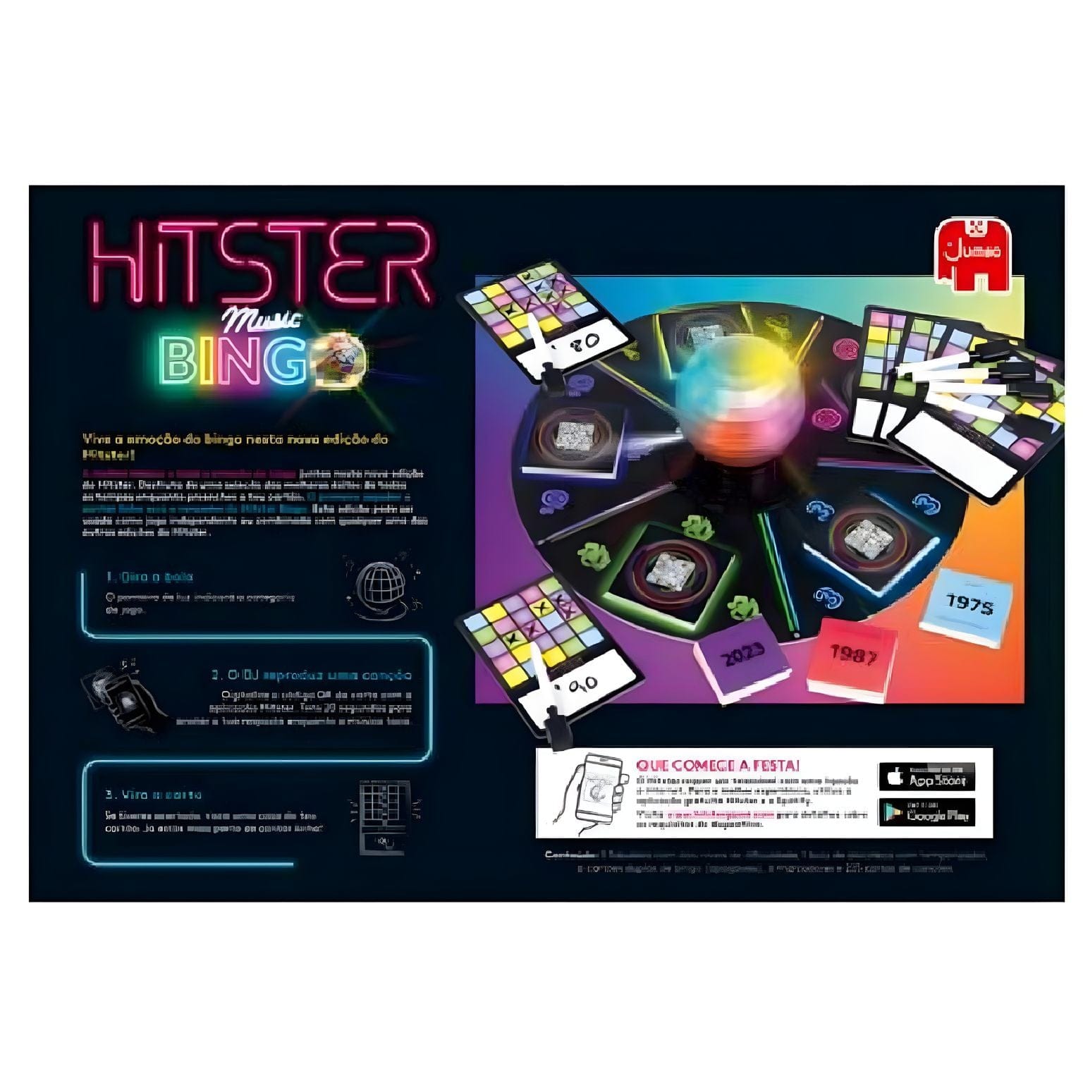 Jogo de Tabuleiro Hitster Music Bingo com roleta luminosa e cartas coloridas para bingo musical