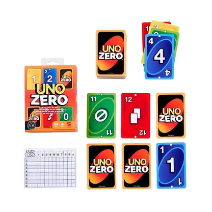 Jogo de cartas Uno Zero: caixa, cartas coloridas e folha de pontuação