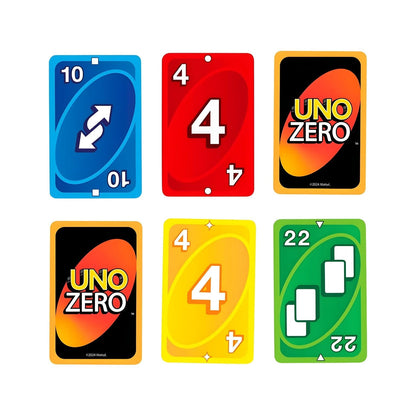 Jogo de cartas Uno Zero: seis cartas com números e ações