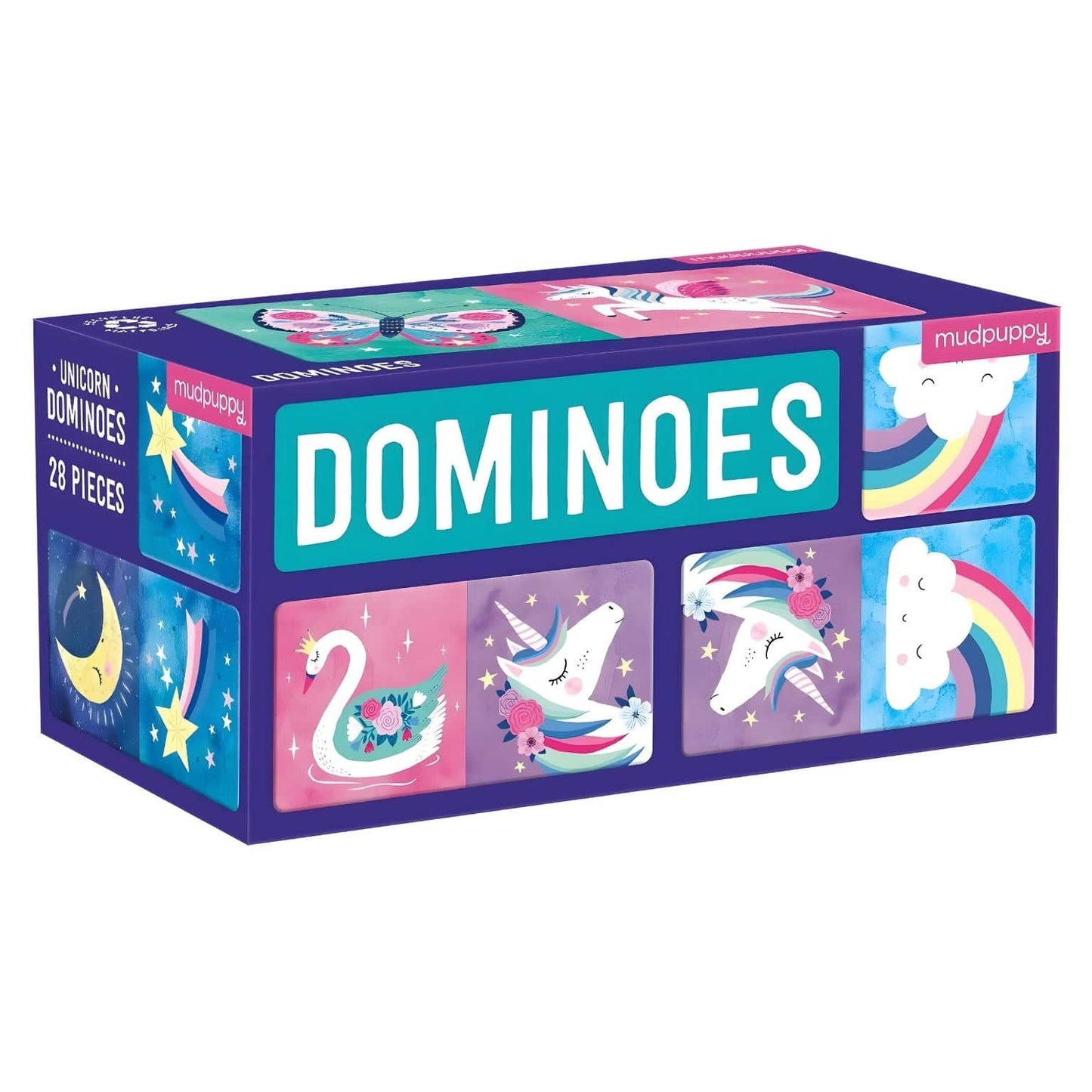 Jogo de Dominó Unicórnio da Mudpuppy com unicórnios, arco-íris, nuvens e borboletas