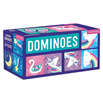 Jogo de Dominó Unicórnio da Mudpuppy com unicórnios, arco-íris, nuvens e borboletas
