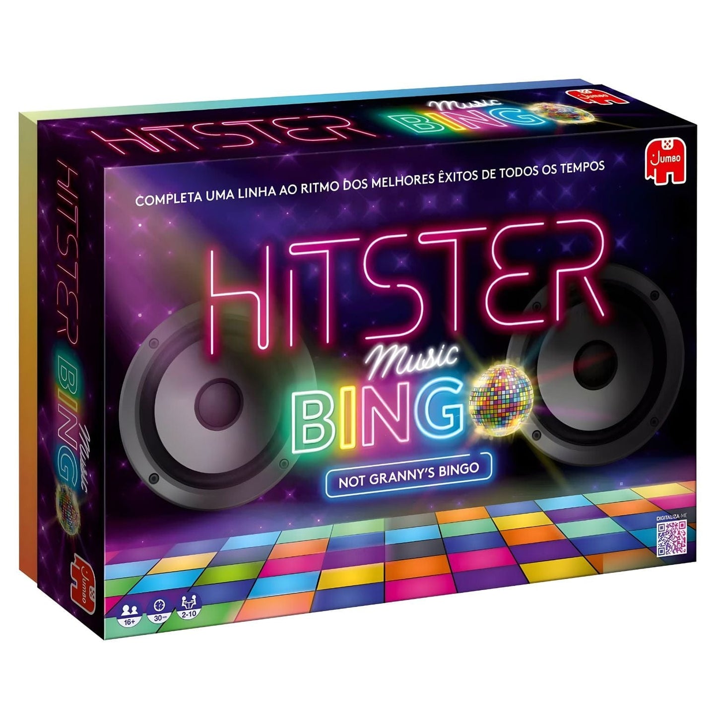 Jogo de Tabuleiro Hitster Music Bingo com roleta luminosa e cartas coloridas para bingo musical
