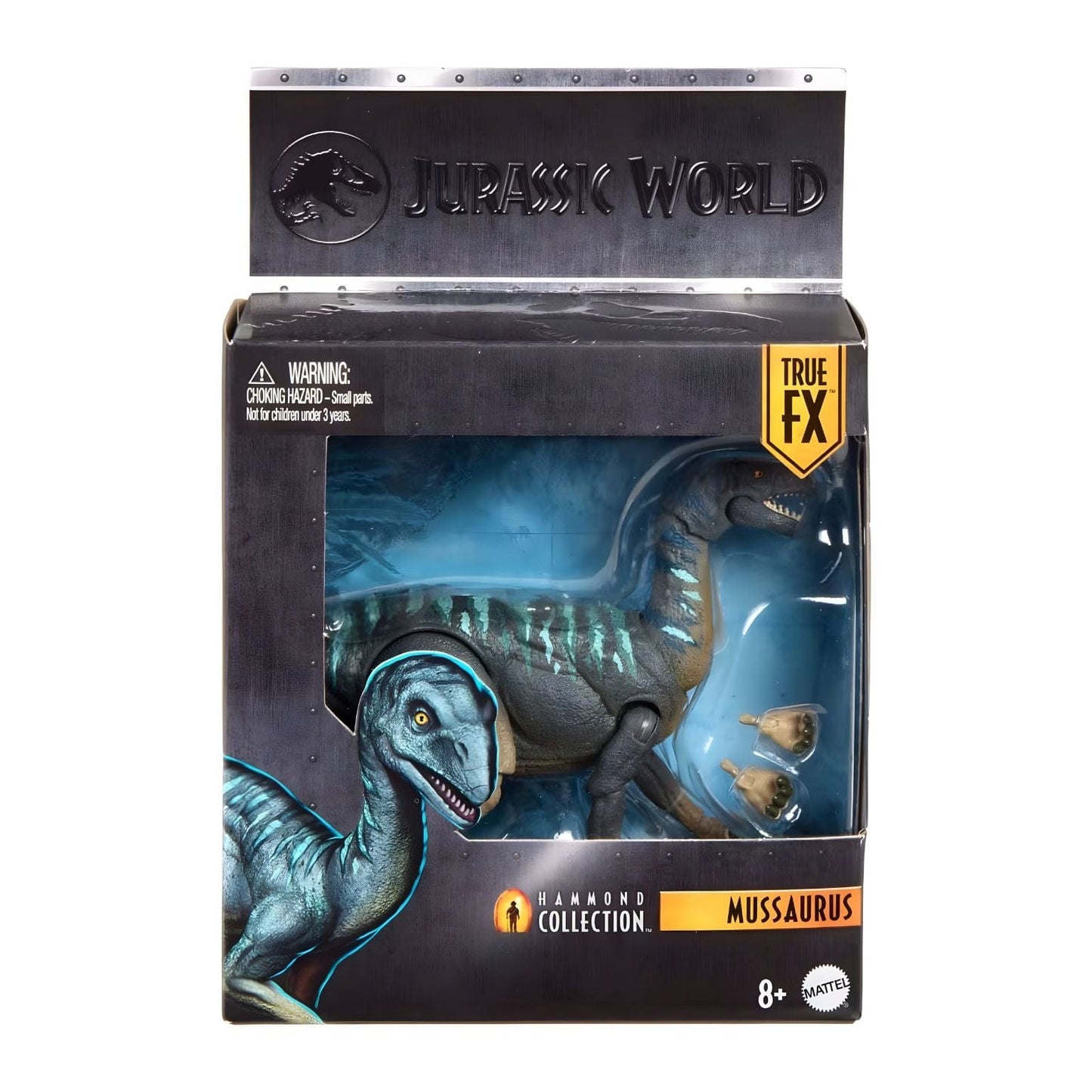 Jurassic World Hammond Collection Mussaurus na embalagem com tons azulados e riscas turquesa, logótipo Jurassic World e selo Hammond Collection