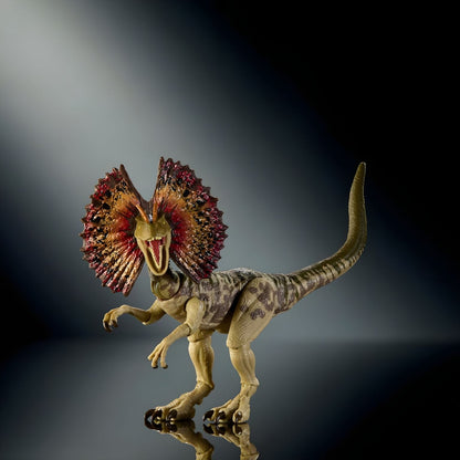Dilofossauro Jurassic World Hammond Collection com gola vermelha aberta, de frente