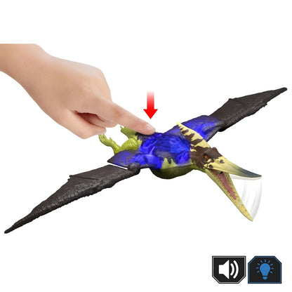 Mão a premir o Pteranodon Wild Roar com ícones de som e luz