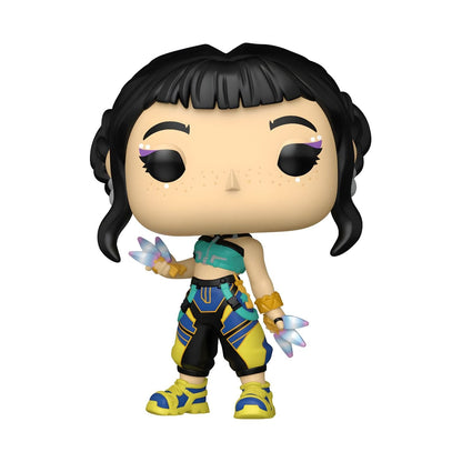 Funko Pop Zoey K-Pop Demon Hunters com cabelo preto, roupa turquesa e azul e acessórios brilhantes