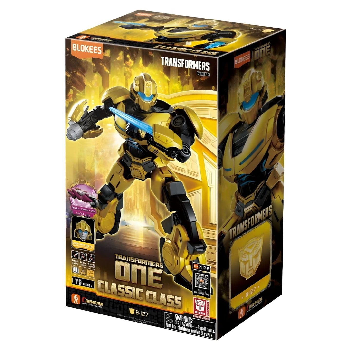 Kit Blokees Transformers B-127 robô dourado e preto com lâminas azuis em base de cenário