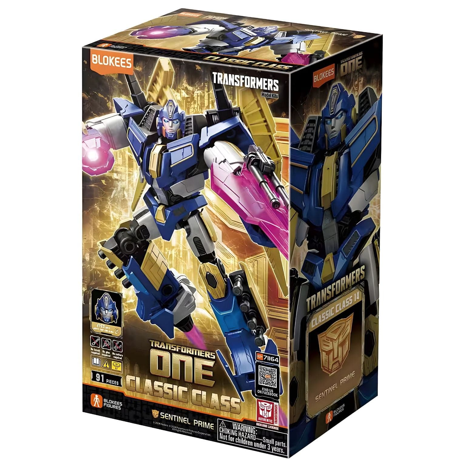 Kit Blokees Transformers Sentinel Prime figura robótica azul e dourada em pose de combate