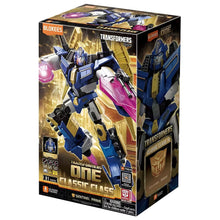 Kit Blokees Transformers Sentinel Prime figura robótica azul e dourada em pose de combate