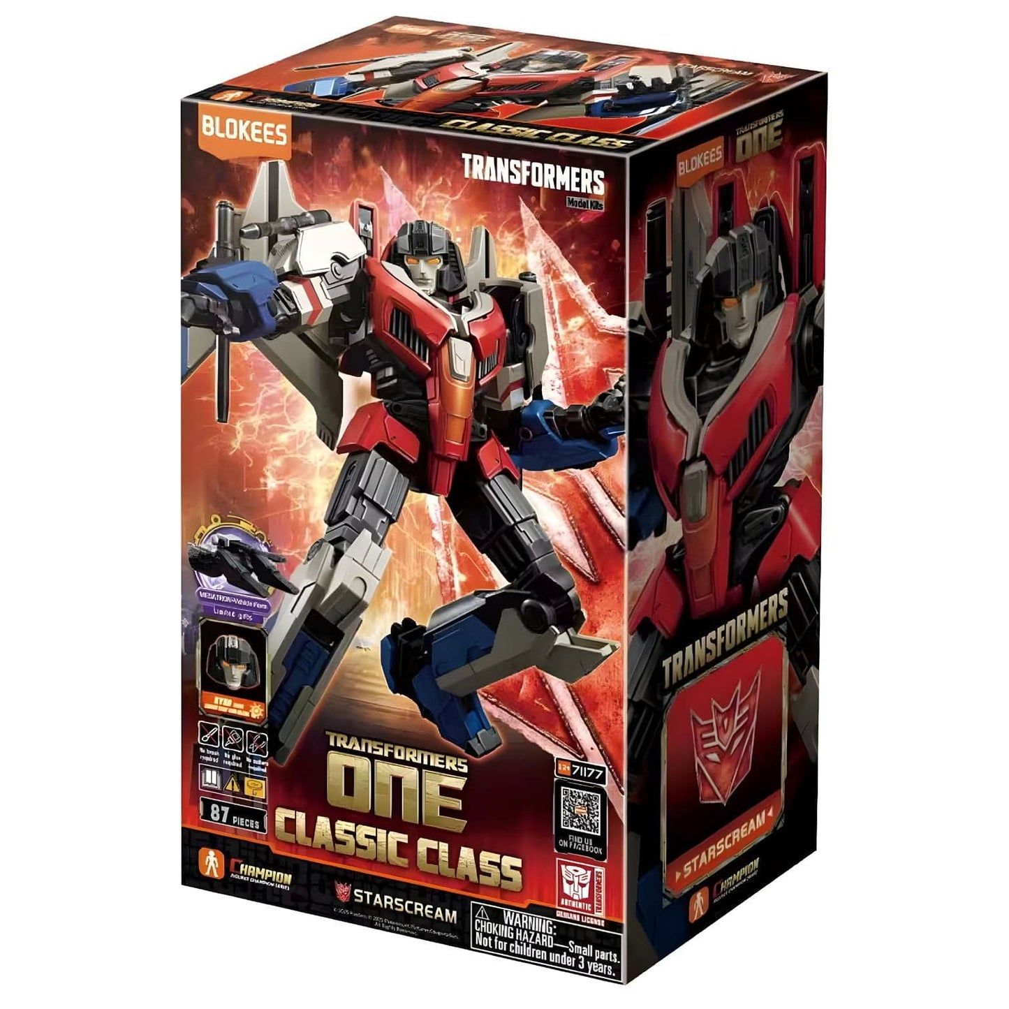 Kit Blokees Transformers Starscream figura Transformers em pose dinâmica com cores vermelho azul e cinza