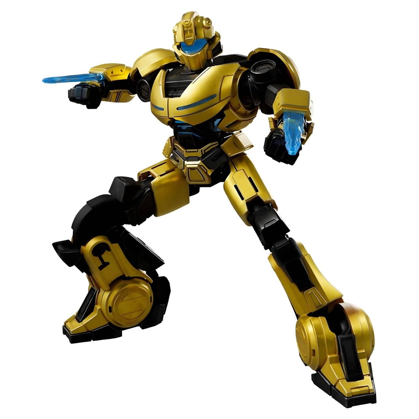 Kit Blokees Transformers B-127 robô dourado e preto com lâminas azuis em base de cenário