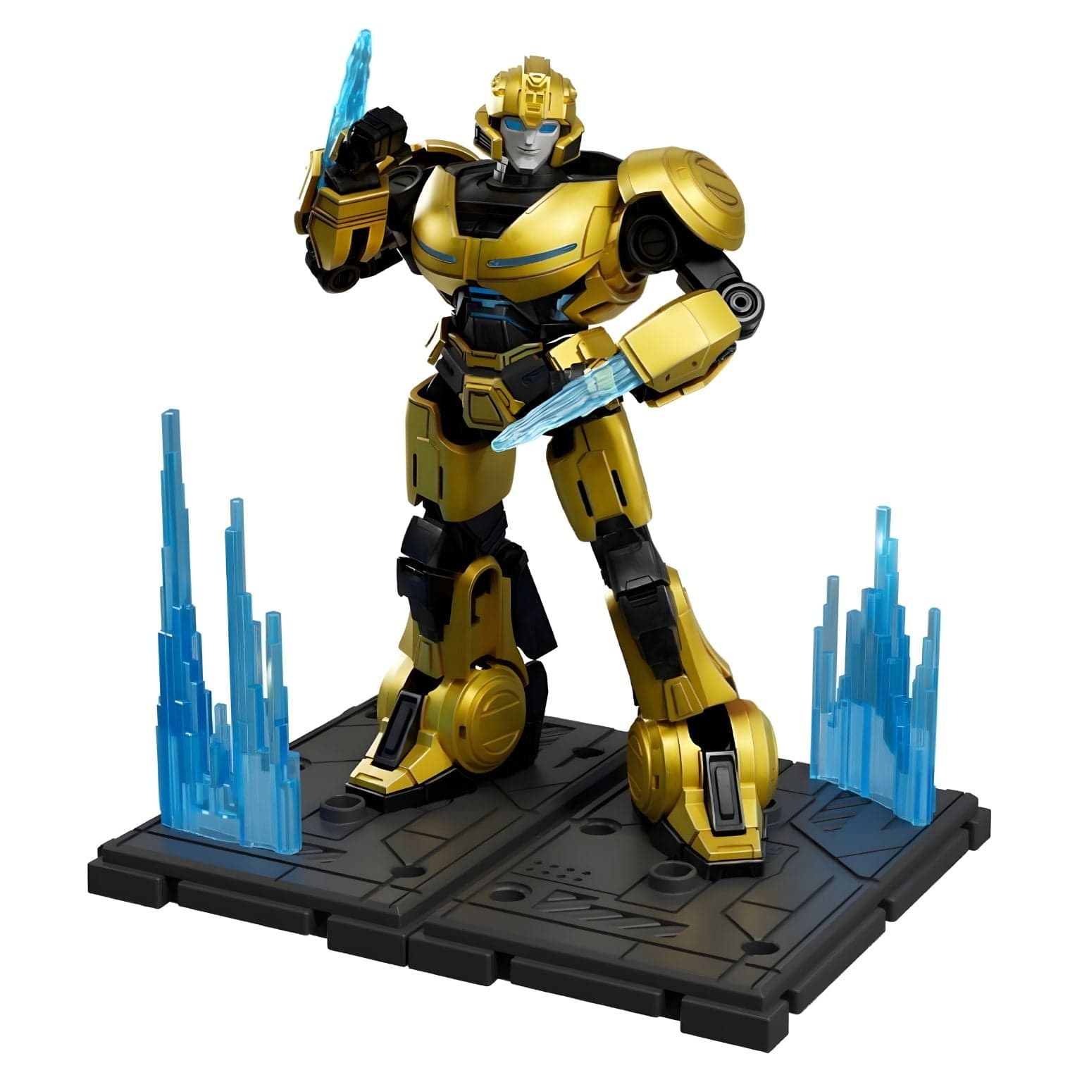 Kit Blokees Transformers B-127 robô dourado e preto com lâminas azuis em base de cenário