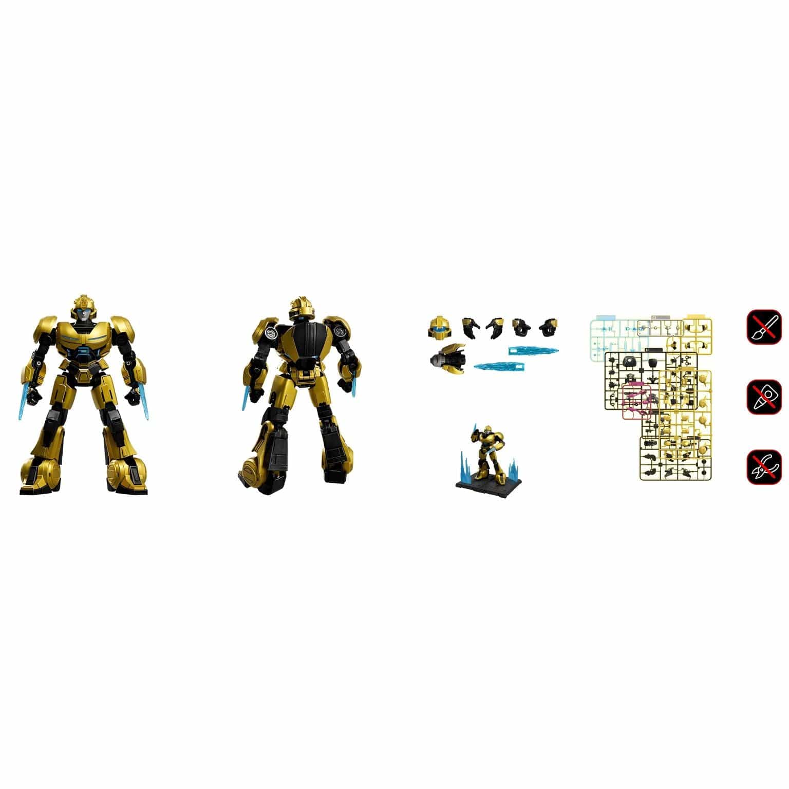 Kit Blokees Transformers B-127 robô dourado e preto com lâminas azuis em base de cenário