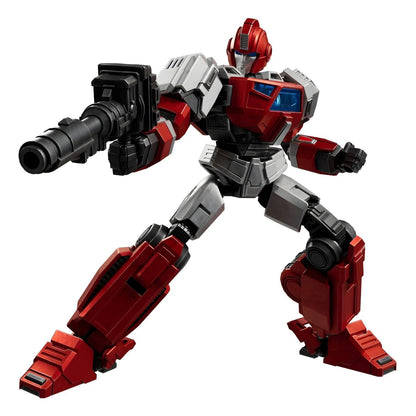 Kit Blokees Transformers Ironhide figura robô vermelha e cinzenta com canhão em pose de ação
