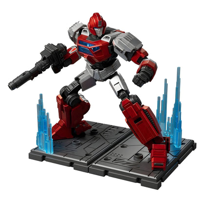 Kit Blokees Transformers Ironhide figura robô vermelha e cinzenta com canhão em pose de ação