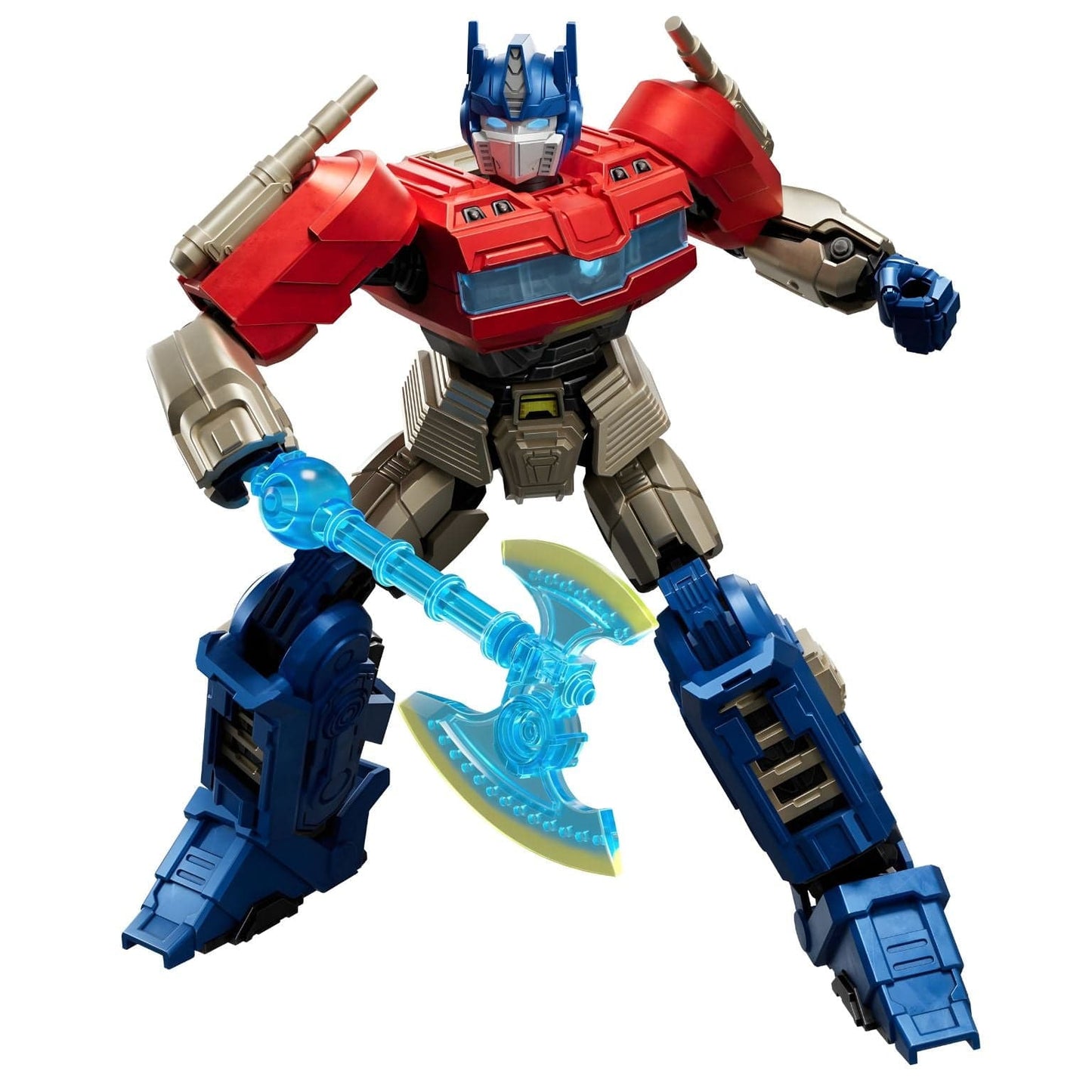 Kit Blokees Transformers One Optimus Prime figura de montar vermelha e azul com acessório de batalha