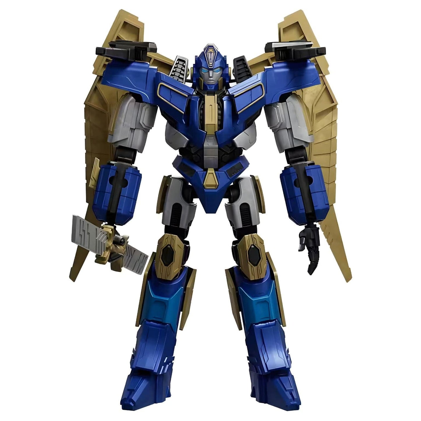 Kit Blokees Transformers Sentinel Prime figura robótica azul e dourada em pose de combate