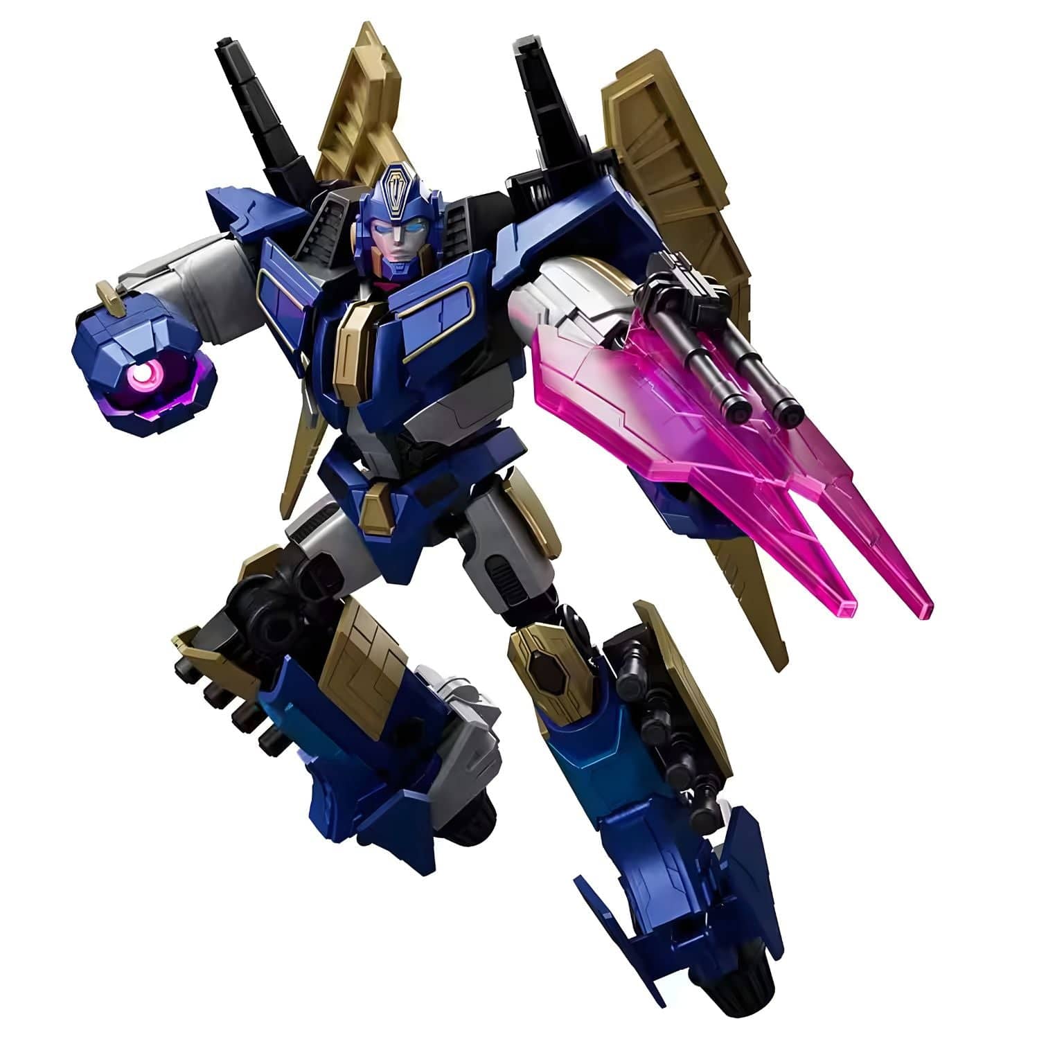 Kit Blokees Transformers Sentinel Prime figura robótica azul e dourada em pose de combate