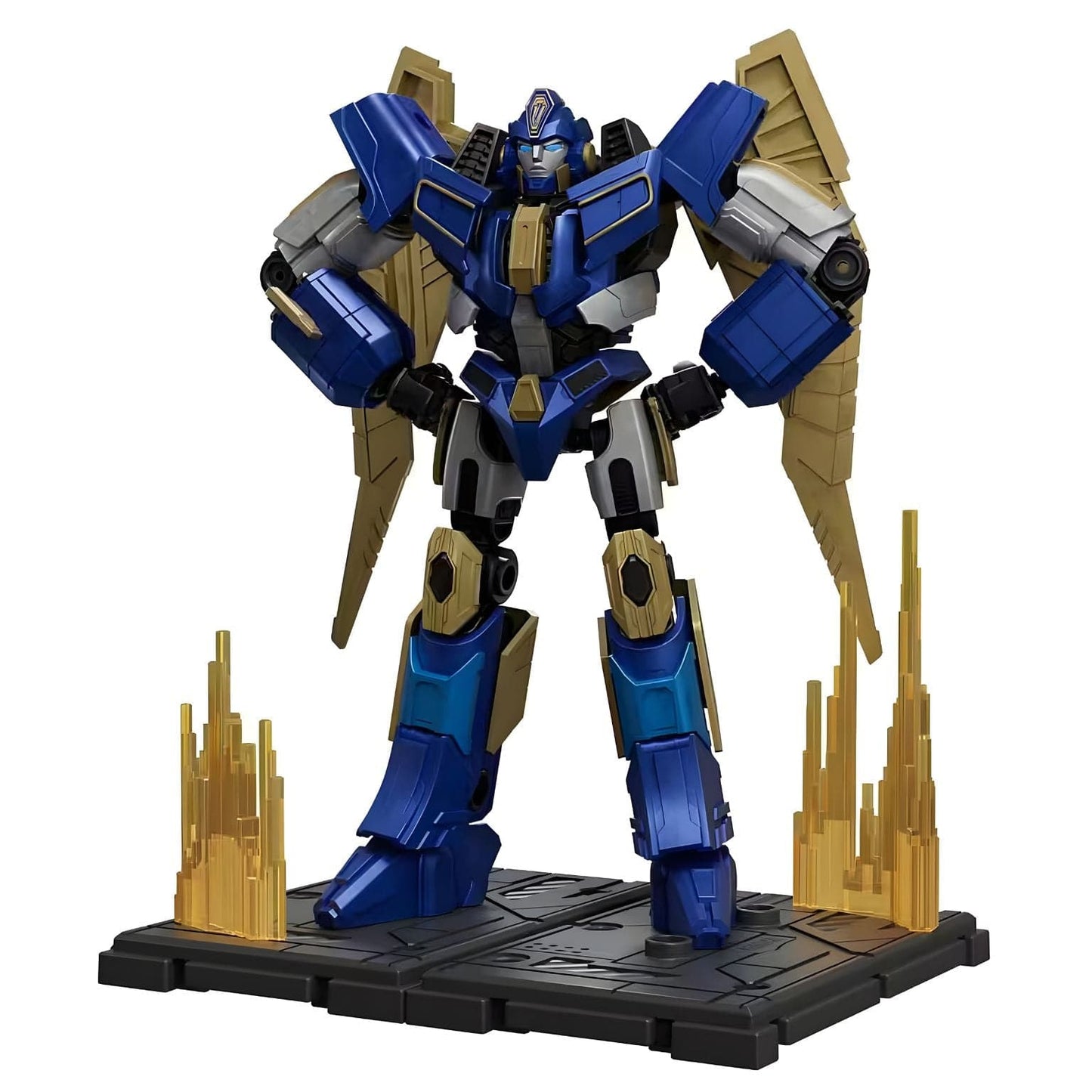 Kit Blokees Transformers Sentinel Prime figura robótica azul e dourada em pose de combate