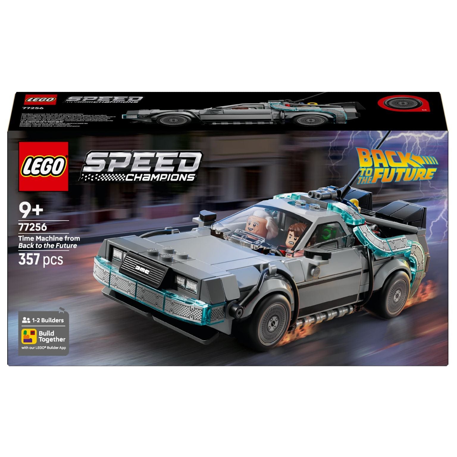Lego Speed Champions Máquina do Tempo de Regresso ao Futuro carro cinzento icónico DeLorean com minifiguras a brincar