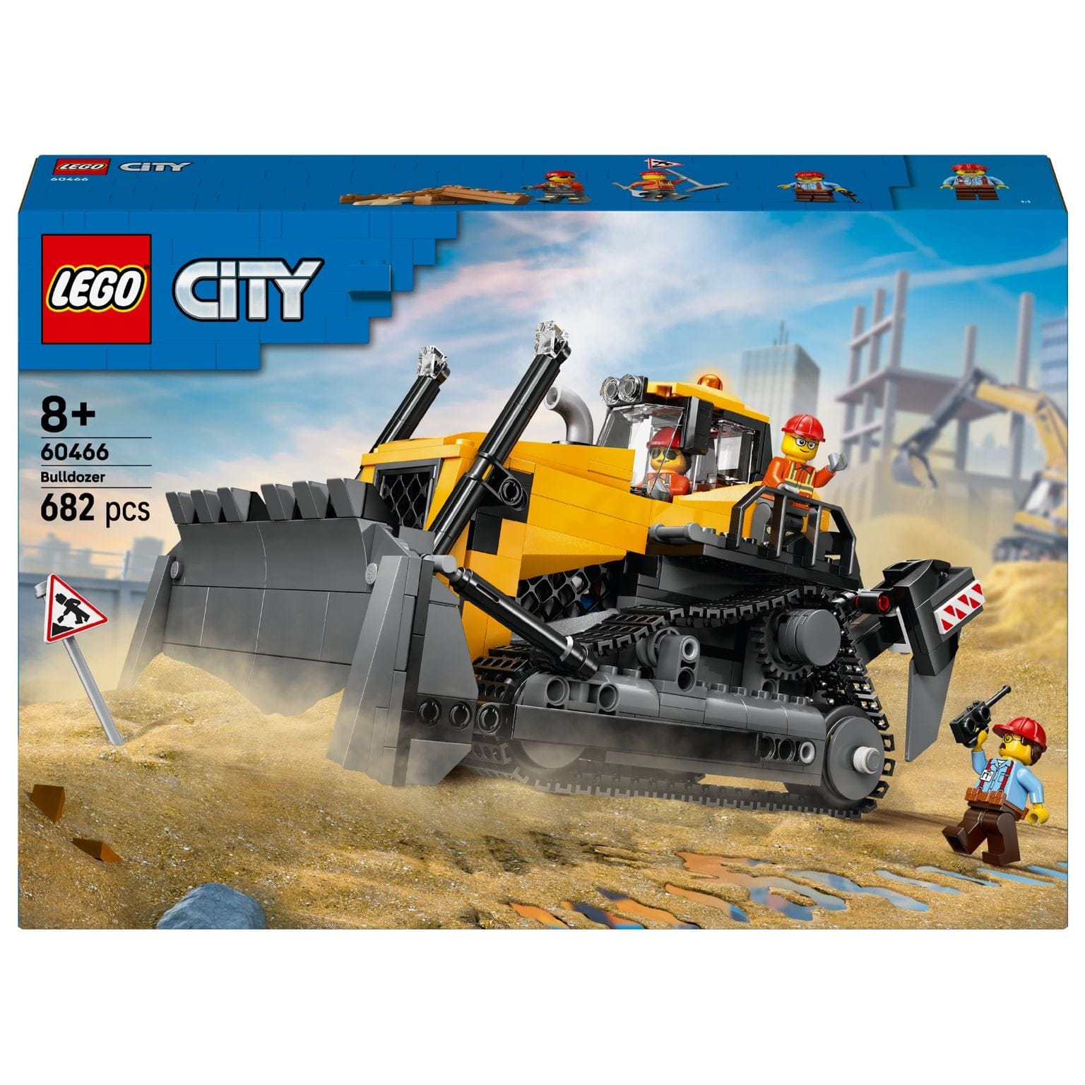 Lego City - Buldózer Amarelo com figuras de construção e lâmina frontal em cenário de obra