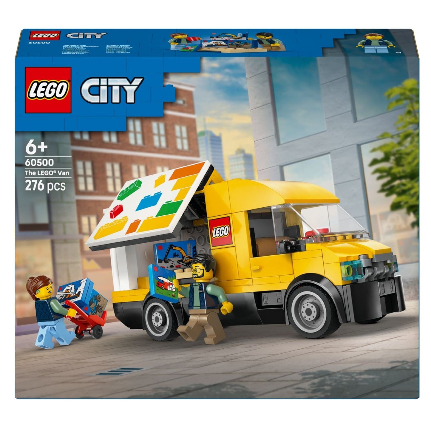 Carrinha LEGO City amarela com abertura lateral, caixas de entrega e personagens a brincar