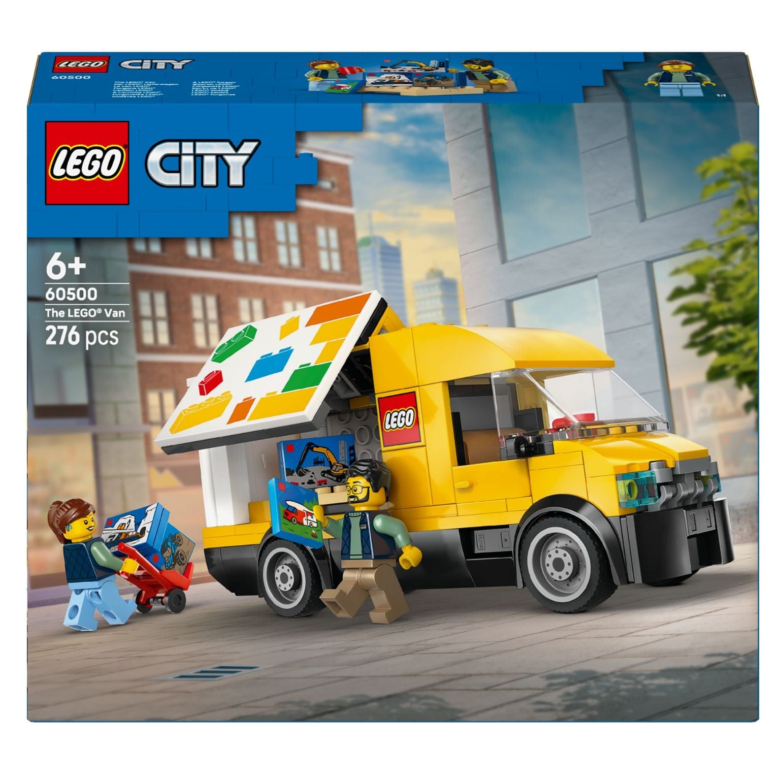 Carrinha LEGO City amarela com abertura lateral, caixas de entrega e personagens a brincar