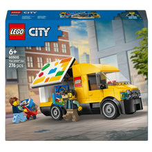 Carrinha LEGO City amarela com abertura lateral, caixas de entrega e personagens a brincar