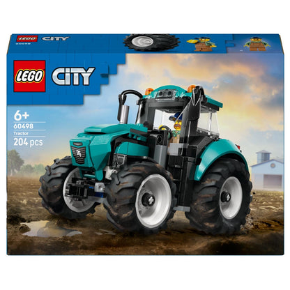 Lego City Trator na caixa, trator verde-água com grandes rodas pretas e minifigura